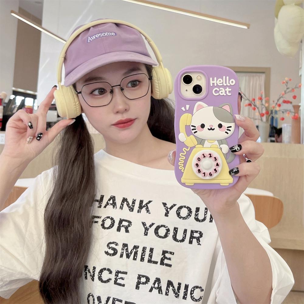 Kawaii Telephone Hello Cat Phone Case For iPhone 16 15 14 13 12 Pro Max Cute 3D Cartoon Soft Silicone Back Cover Capas