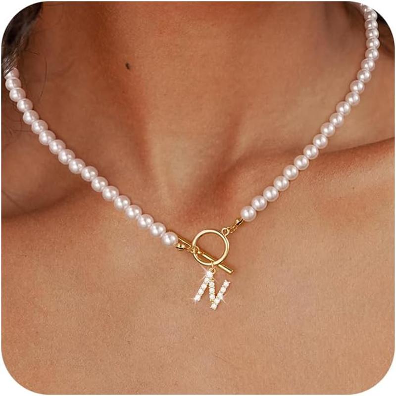 Rhinestone Letter Imitation Pearl Choker Necklace For Women Gold Plated Crystal Initial Pendant Necklace