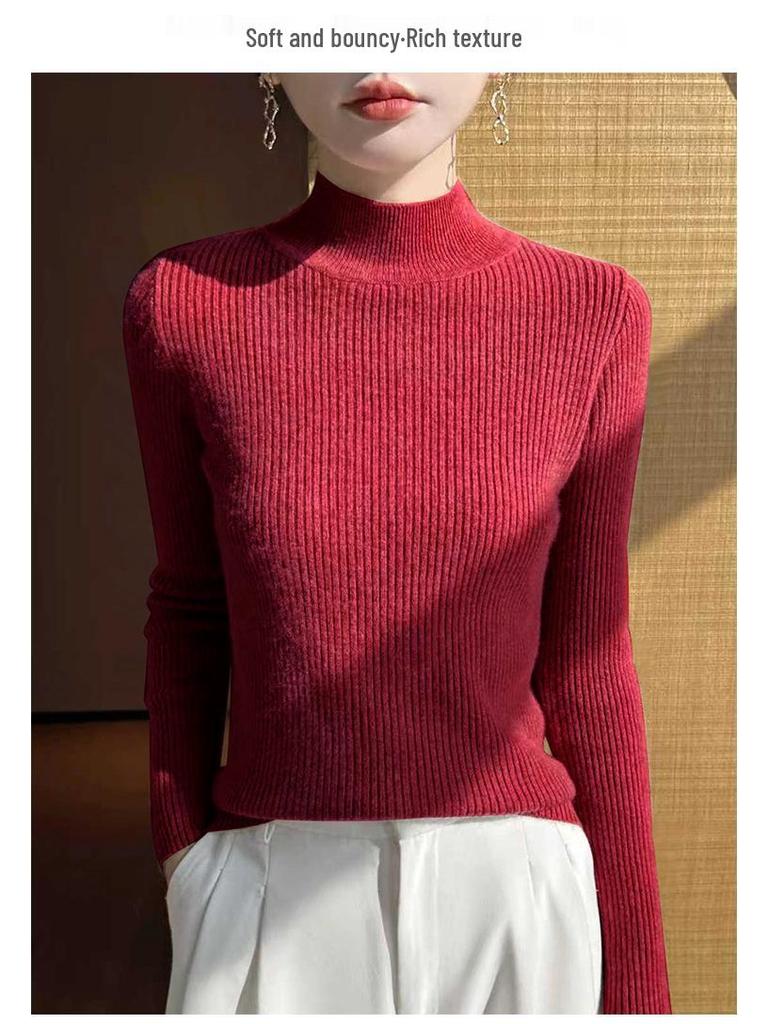 Women's Coffee High-Neck Sweater - Celebrity Style, Fall/Winter 2025, Slim Fit, Solid Color, Base Layer.