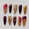 24 Stuks Zwarte Lange Kunstnagels met Amandelkop Design Kattenoog Zilveren Streep Patroon Press-on Nepnagels Draagbare Nageltips