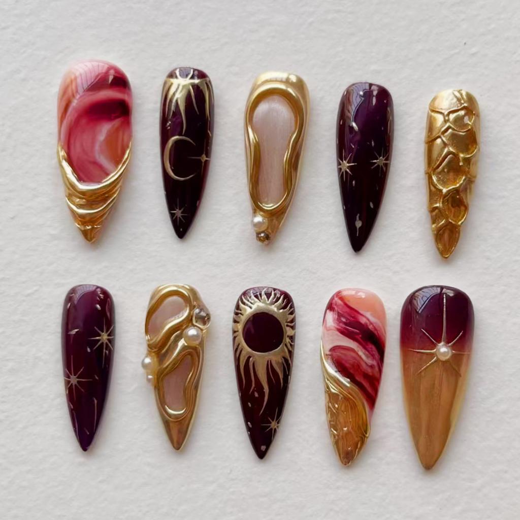 24 Stuks Zwarte Lange Kunstnagels met Amandelkop Design Kattenoog Zilveren Streep Patroon Press-on Nepnagels Draagbare Nageltips