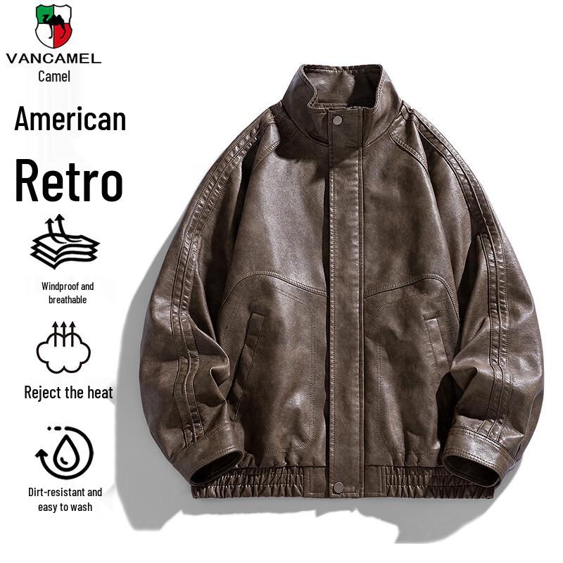 VANCAMEL Men's Retro Lapel Faux Leather Jacket