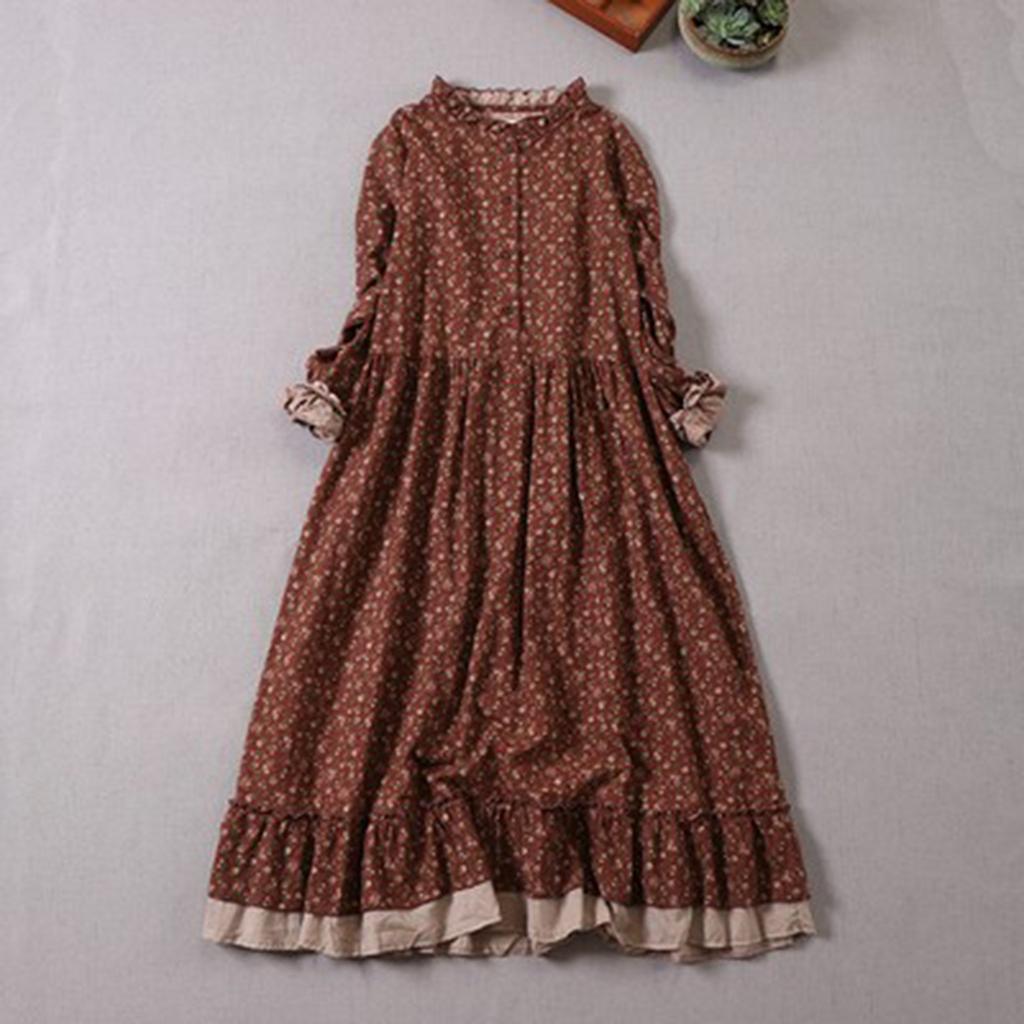 Women's Fashion Cotton Linen Long Sleeve Splicing Loose Large Size Floral Dresses