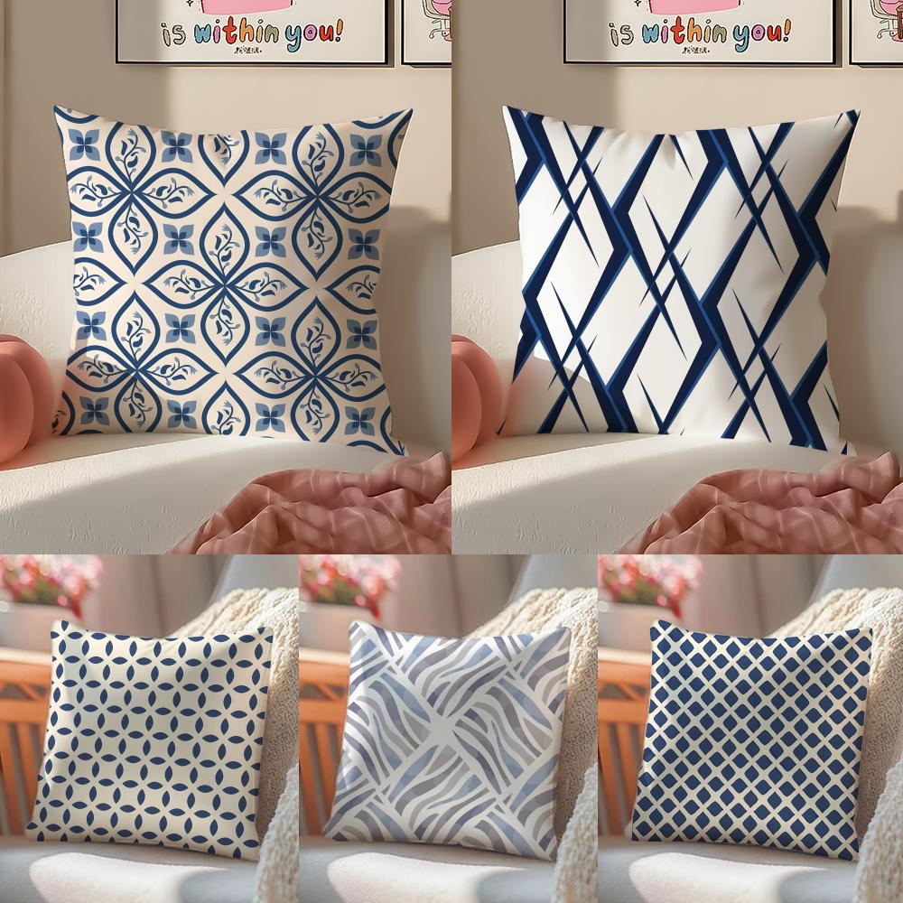 Geometric Ink Blue Cushion Cover Linen Pillowcase Cover Soft Decor for Sofa Home Room