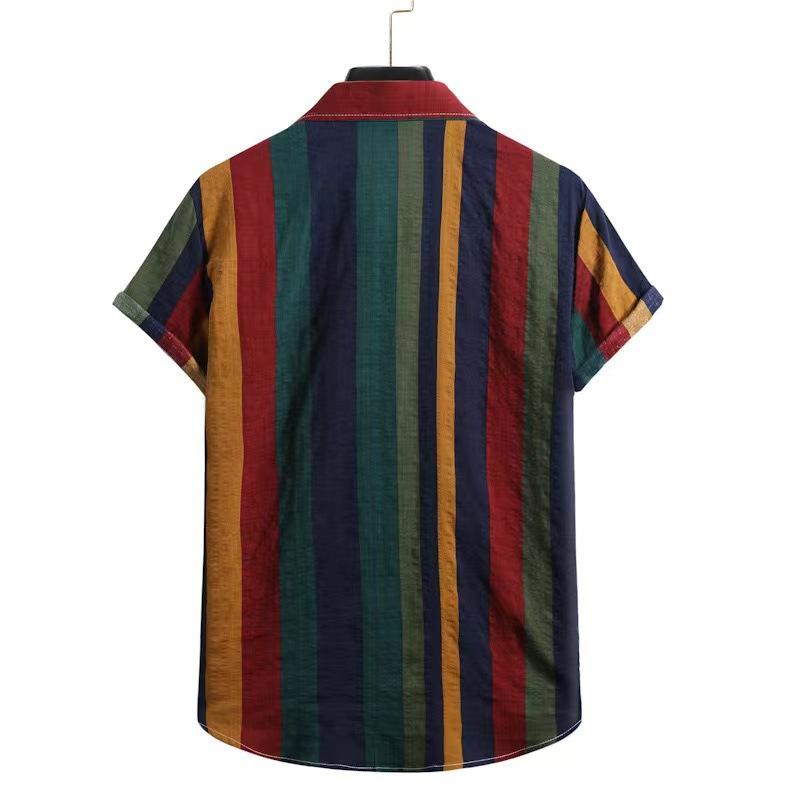 Men's Summer New Striped Casual Shirt Flip Collar Short Sleeve Colorful Striped Men's Shirt