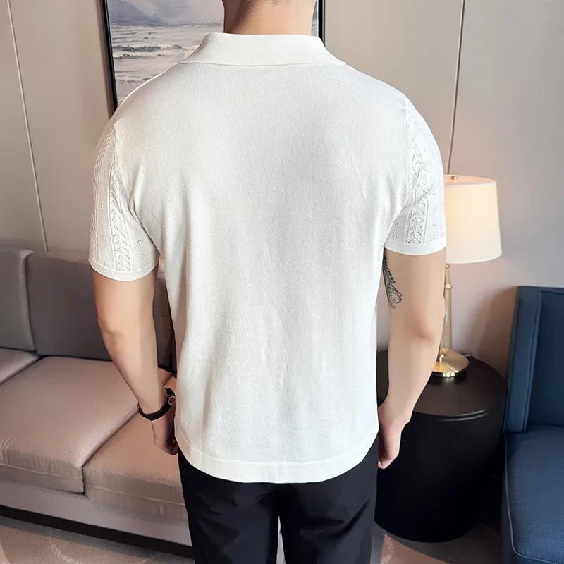 Sommer Herren V-Ausschnitt Poloshirt Hohlgestreiftes Jacquard Einfarbig Lässig Kurzarm Strick T-Shirt Herrenbekleidung