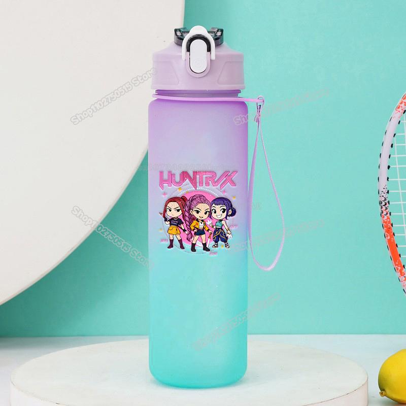 750ml KPop Demon Hunters Gradient Water Bottles High-capacity Drinking Straw Cup Portable Girl Office School Outdoor Bottles