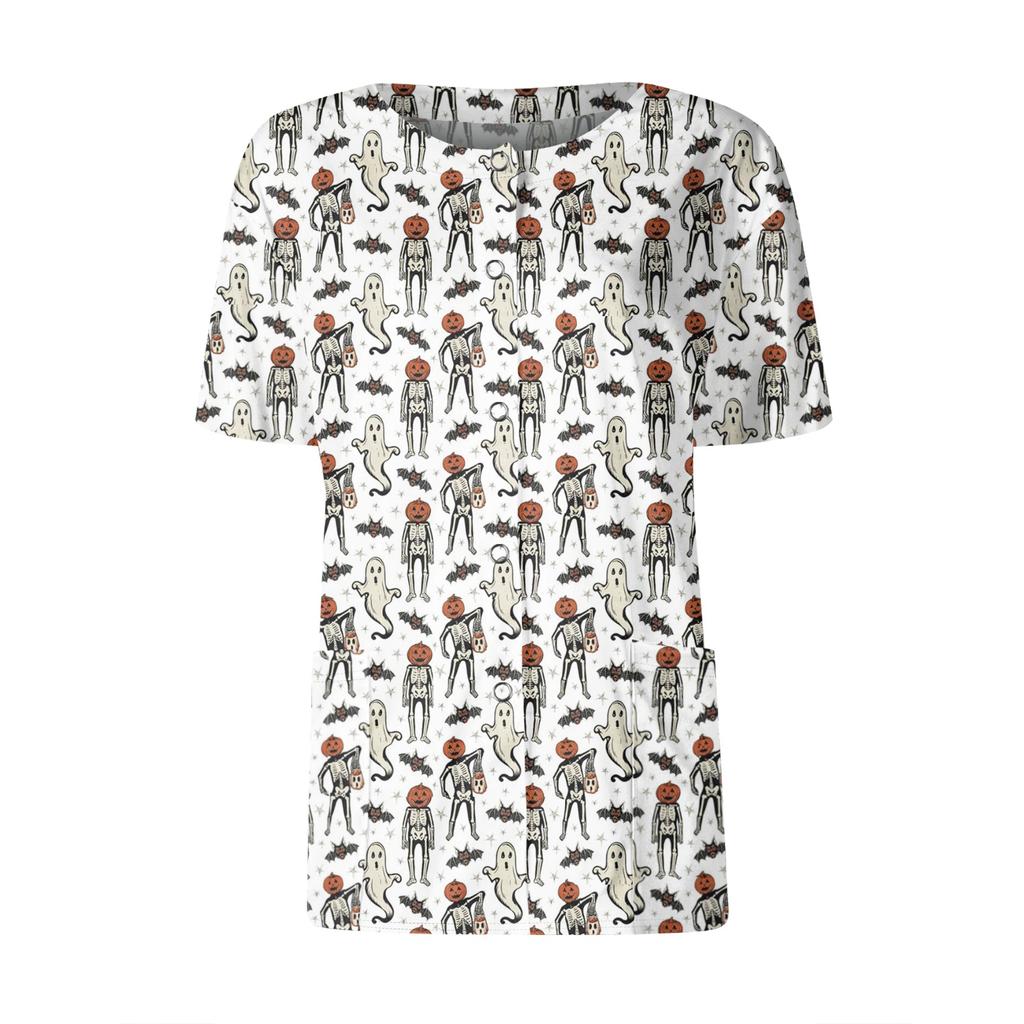 Women's Short Sleeved Patterned Pockets, Work Print Stand Up Collar, Single Breasted Protective Clothing, Cardigan Jacket, Top