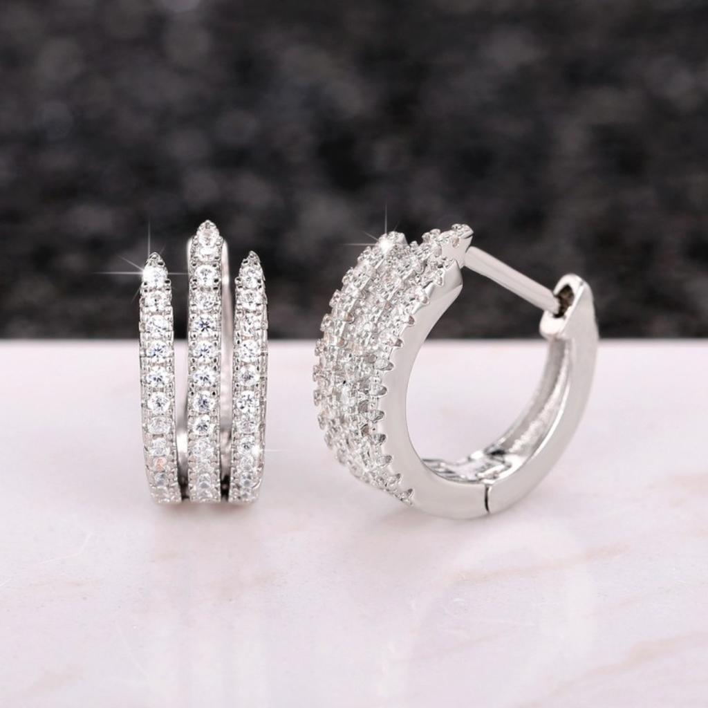 Three Vertical Paved Bar Curved Click Hoop Earrings Women Trendy Bling Ear Jewelry