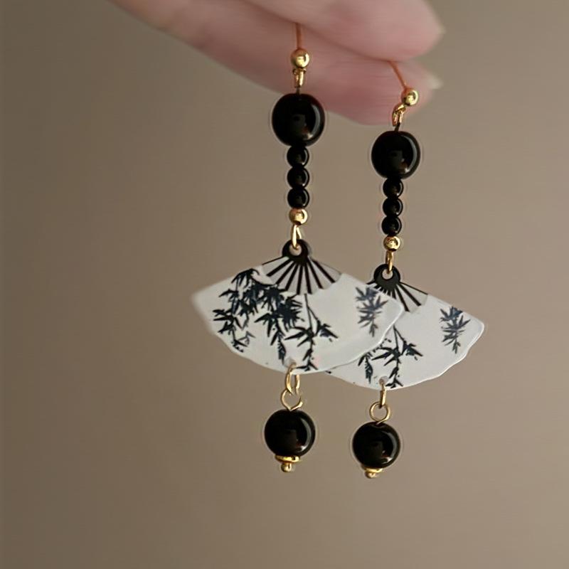 Silver needle Chinese style fan resin earrings temperament fashion high sense earrings niche national style design sense earrings women
