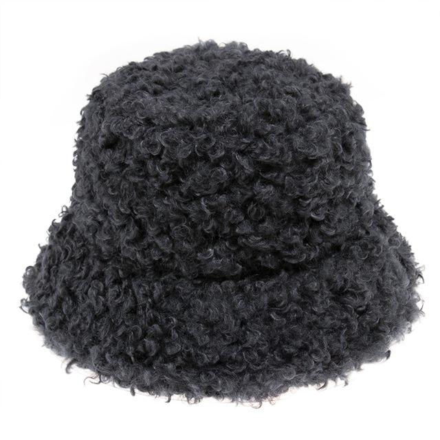 New Outdoor Warm Lamb Faux Fur Bucket Hat Black Solid Fluffy Fishing Cap Fisherman Women Winter