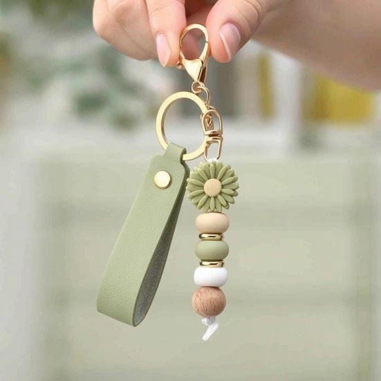 Aesthetic Key Ring Silicone Flower Keychain with Faux Leather Wristlet, Car Lanyard Pendant, Handbag Backpack Charm Wood Beads Bead Wristlet