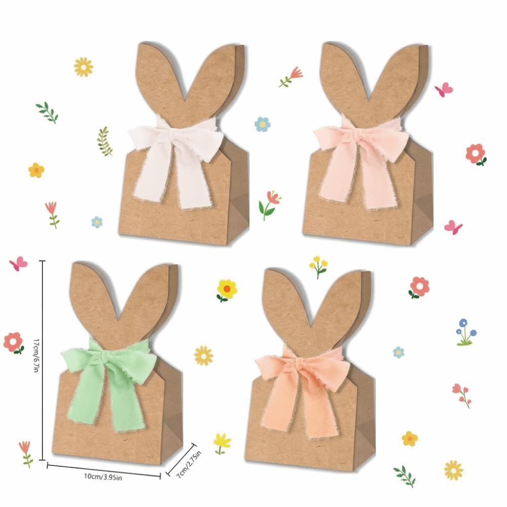12/24 pcs Cowhide Paper Easter Gift Bags Rabbit Ears Artificial Flowers Party Favor Bags Neutral Bow Ribbon Rustic Paper