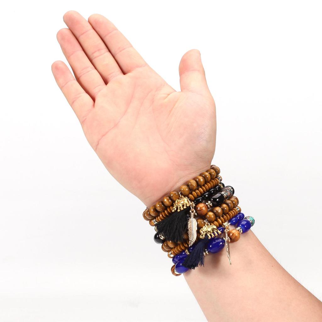 Bohemian Elephant Leaf Tassel Pendant Bracelet with Wooden Beads