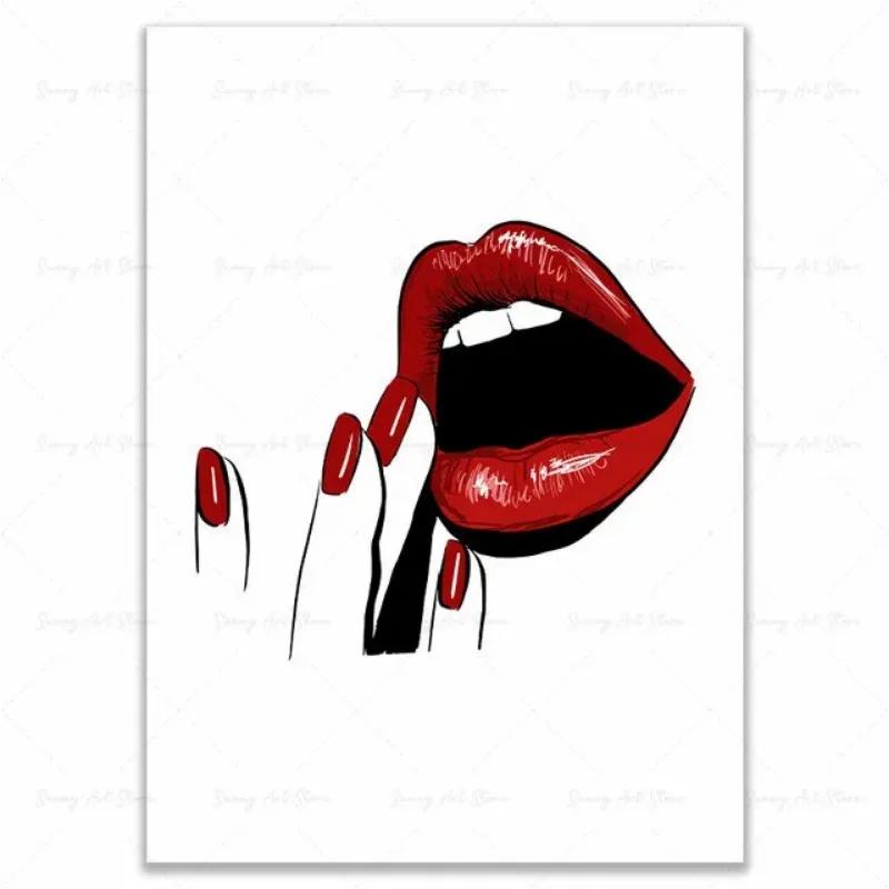 Fashion MakeUp Lipstick Mascara Nail Polish Canvas Painting Beauty Salon Poster Eyelash Red Lips Girl Wall Art Home Decor