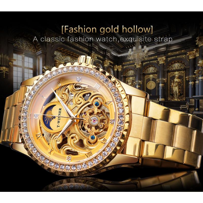 WINNER Men's Fashion Hollow Out Vintage Rhinestone Watch Automatic Mechanical Watch