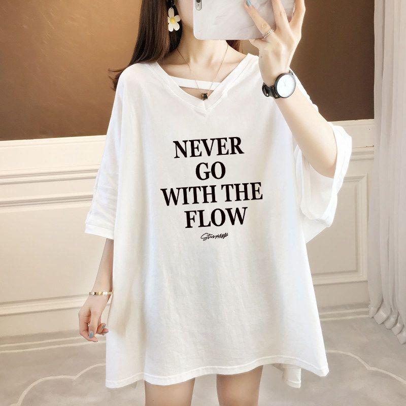 

Oversize Pure Cotton Female Summer Hip-Covering 150.00kg T-Shirt 1828 White L