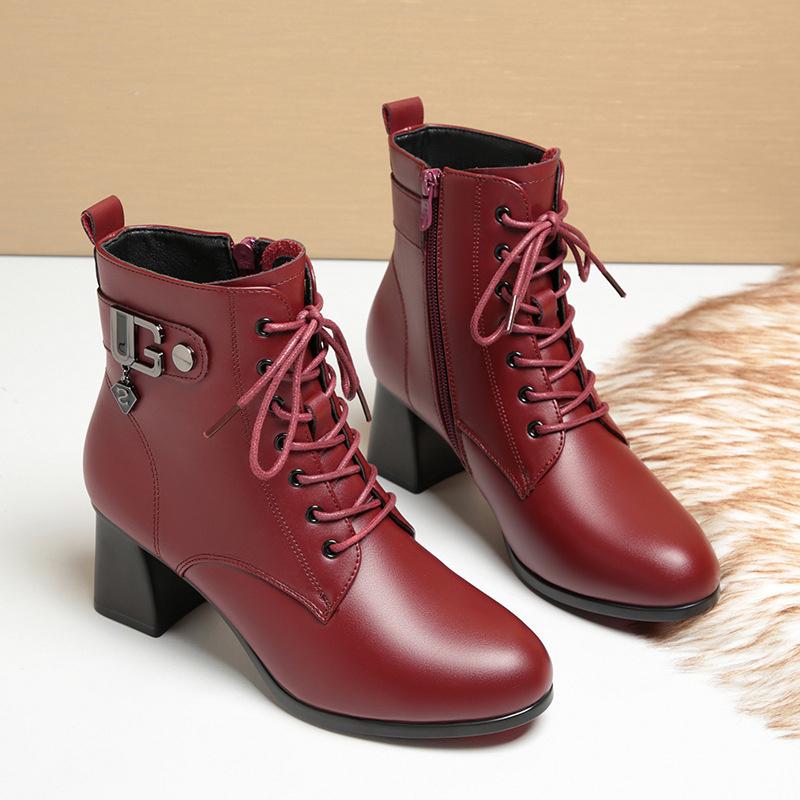 Vår Høst Kvinner Mor Bomullssko Retro Snøring Chunky Høye Hæler Ankelstøvletter Svarte Varm Platform Korte Støvletter