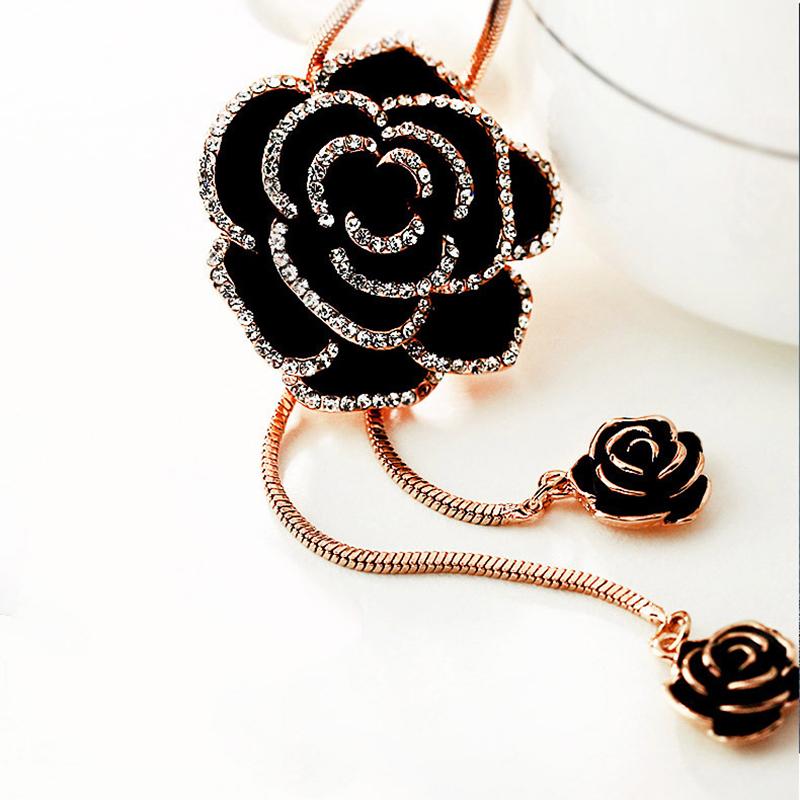 Black Rose Flower Long Necklace Sweater Chain Metal  Pendant Necklaces Adjusted