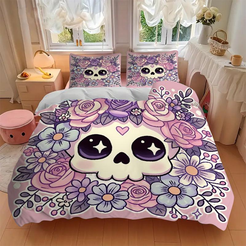 3pcs Pink Cute Skull Print Bedding Set Soft and Comfortable, Suitable for Use In Bedrooms and Guest Rooms.N075
