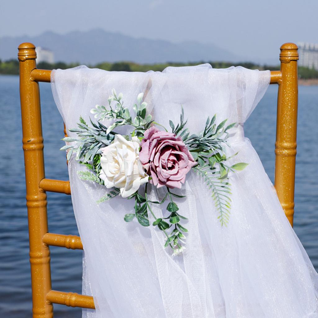 Wedding Chair Decoration Plastic Lifelike Rose Flower Chair Back Aisle Decoration 60cm Ribbon Purple