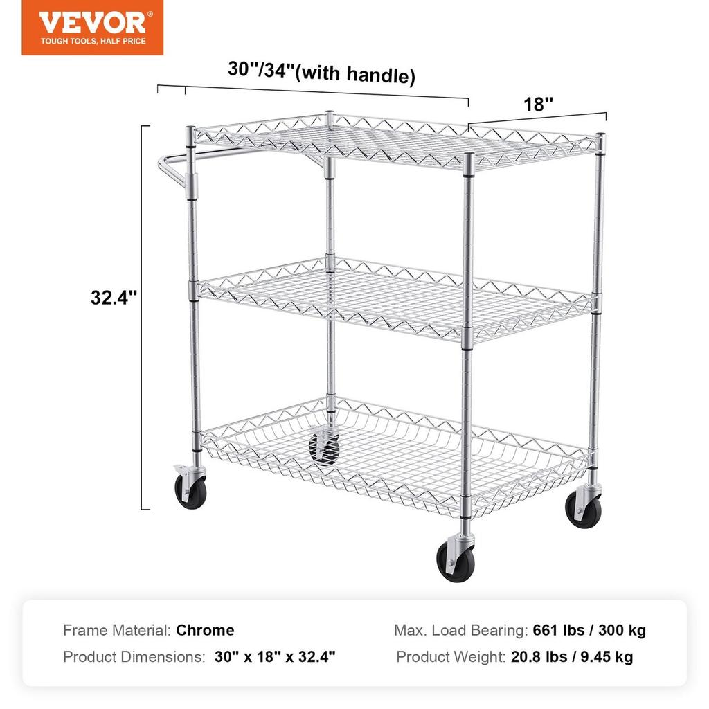 Kitchen Utility Cart, 3 Tiers, Wire Rolling Cart with 661LBS Capacity, Steel Service Cart On Wheels, Metal Storage Trolley with 80mm Deep Basket