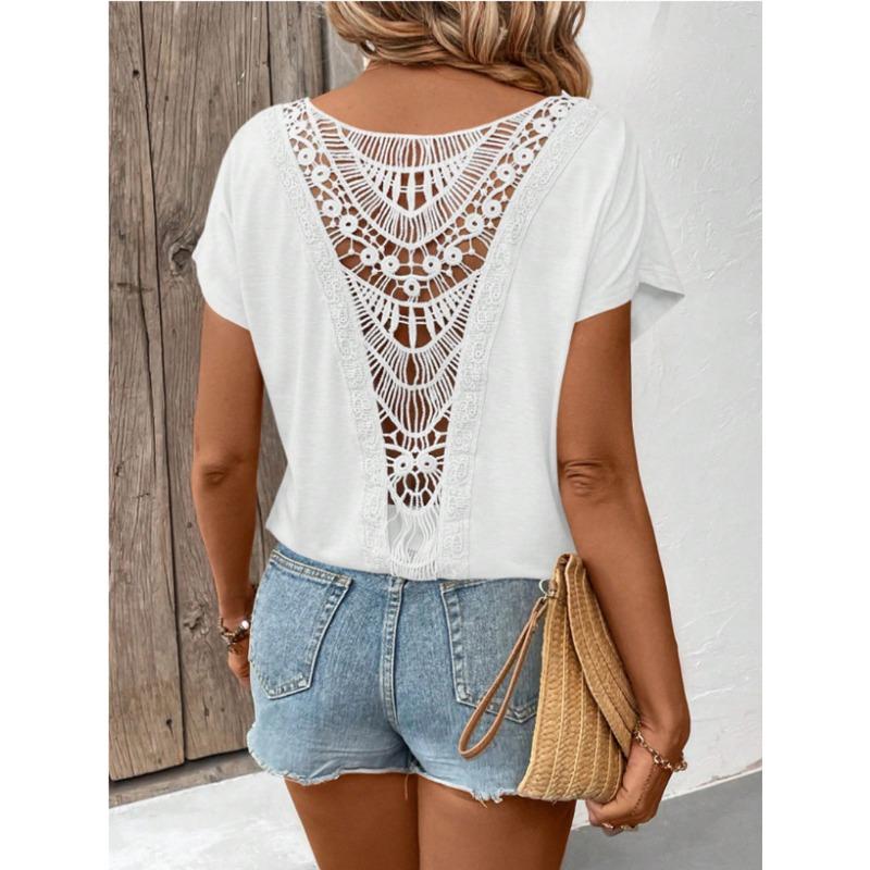 Summer Back Lace Splicing Short Sleeved T-shirt O Neck Loose Office Blouse Women Sweet Hollow Out Solid Color Tops Female Elegant Simple Shirts