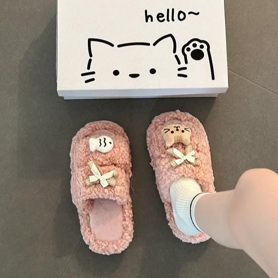 Cartoon fluffy slippers women's flat cotton shoes casual season fashion girls one-word cotton slippers