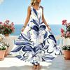 Beach Maxi Dress Blue White Watercolor Floral,Lightweight Loose Flowy,Flattering Tummy Control,Ideal for Vacation,Daily Summer Outfits & Travel Photos
