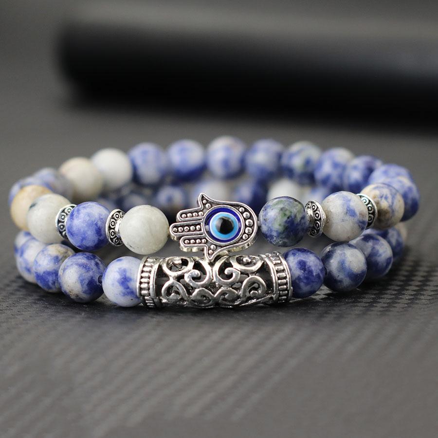 Retro 2Pcs Men Bracelet Set Turkey Evil Eyes Fatima Hand Braslet Natural Lava Sodalite Tiger Eyes Braclet Meditation Accessories