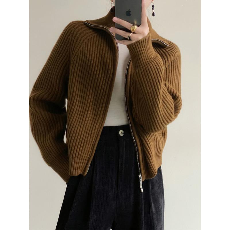 Lapel Double Zipper Sweater Jacket for Women's Autumn and Winter New Gentle Wind Soft Waxy Stand-up Neck Knitted Cardigan Top for Women