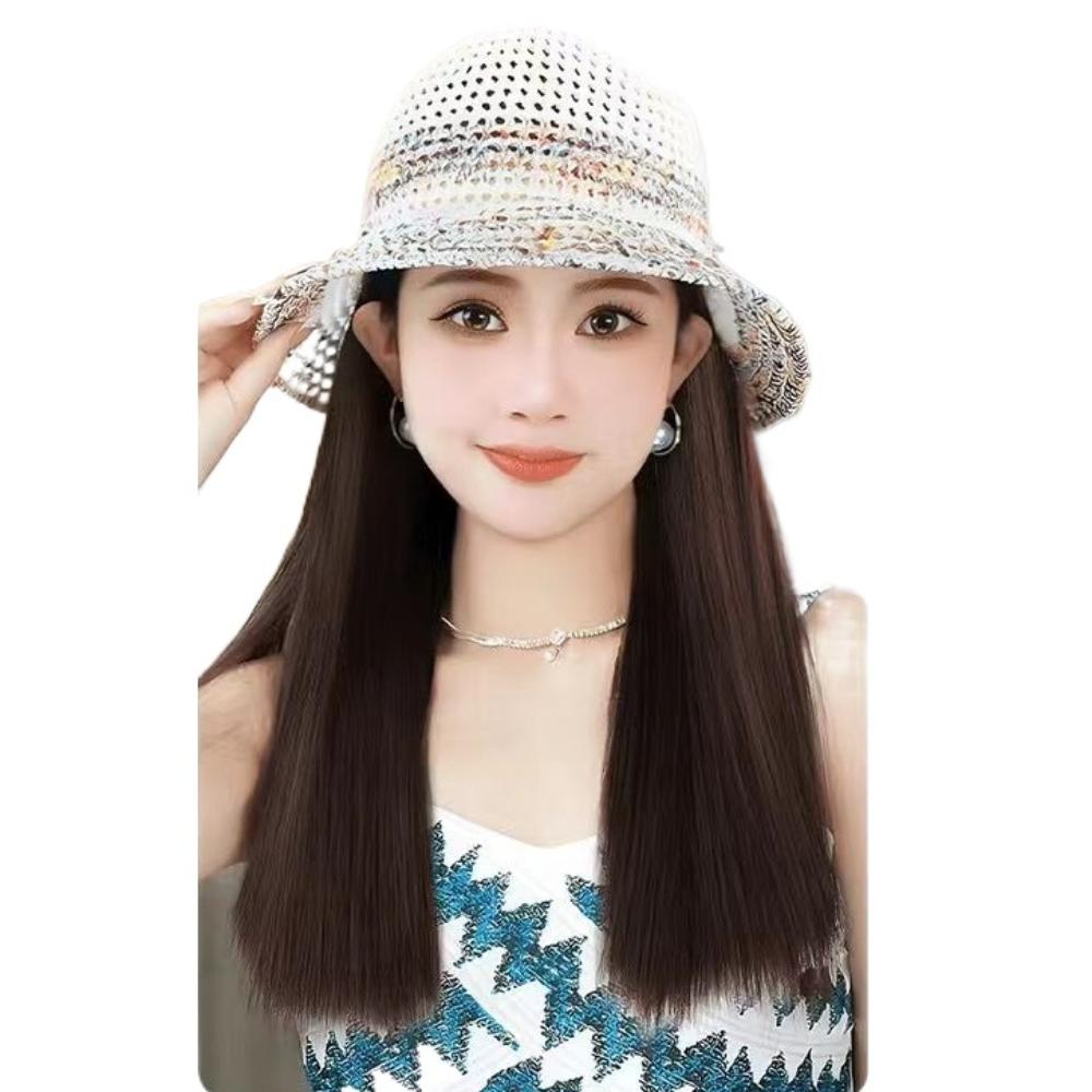 

Панама Рыбацкая шляпа Парик Радужный Плетеный Летняя Солнцезащитная шляпа Парик Повседневный Straight-Dark Brown