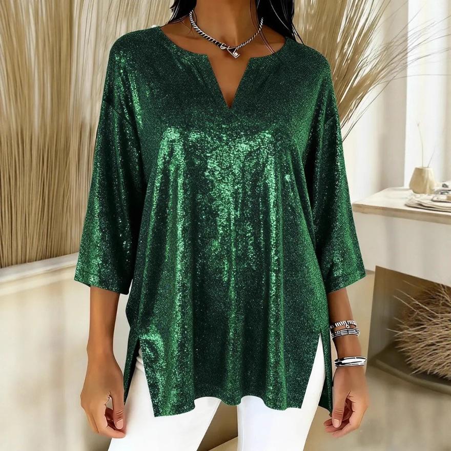 2025 Shiny V-Neck Loose Long Sleeve Slit Top for Women