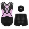 Girls 3-Piece Leotard Set Sleeveless Crisscross Back Rhinestones Color Block with Shorts