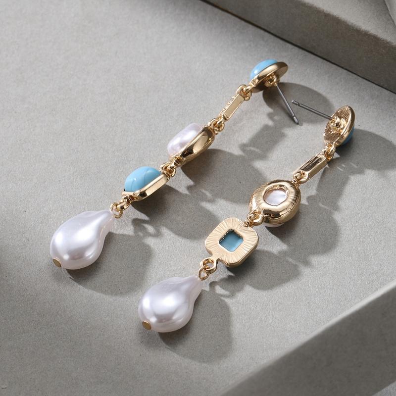 Bohemian Ethnic Style Geometric Imitation Pearl Long Pendant Earrings Ladies Retro Trend Holiday Accessories Gifts