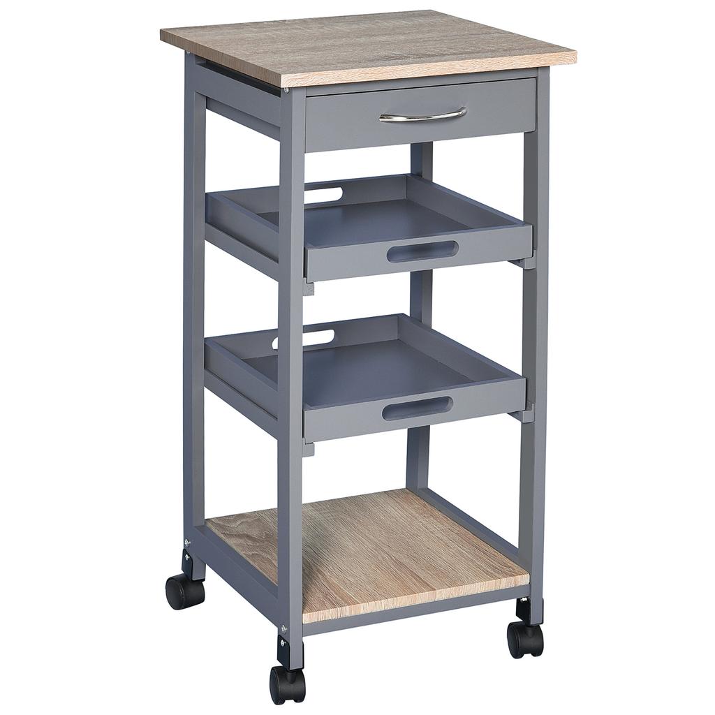 Serving Trolley Kitchen Cart On Castors 2 Removable Trays, Drawer, Shelf Light Oak Pine Wood Grey