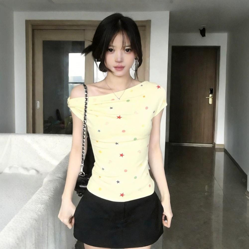 Korean Dopamine Color Polka Dot Slanted Shoulder Short-sleeved T-shirt for Women's Summer Waist and Thin Sweet Spice Girl Off-the-shoulder Small Top