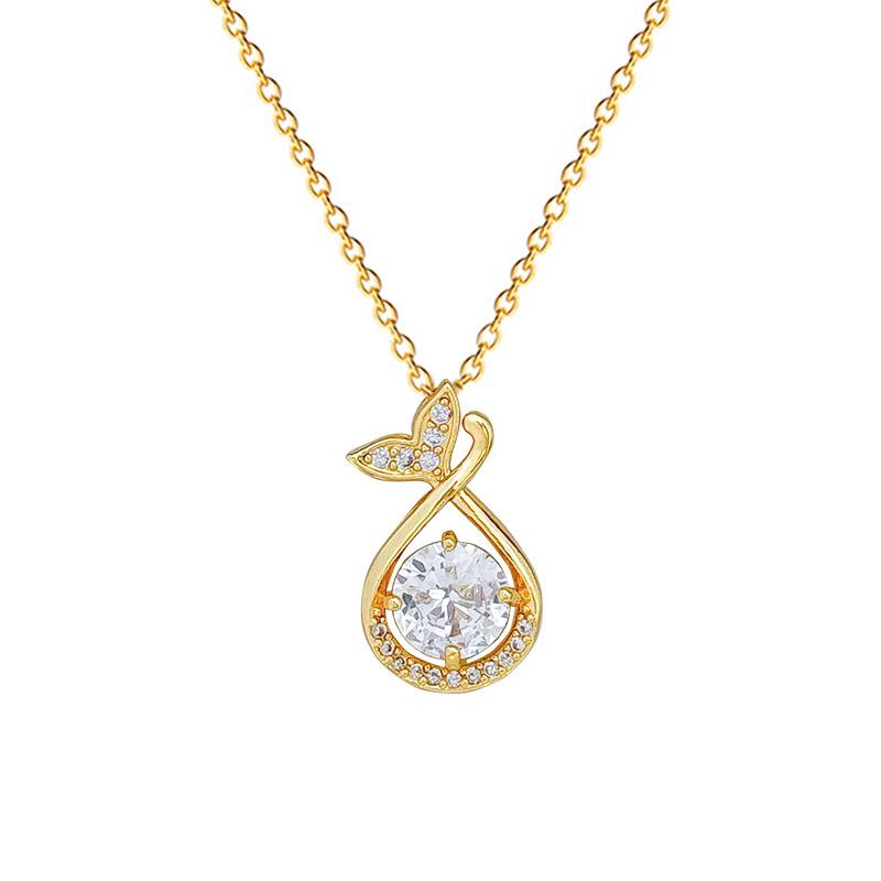 Fish Tail Water Drop Full Diamond Fashion Light Luxury Temperament Gorgeous Full Diamond Necklace Female Versatile Collarbone Chain Titanium Steel