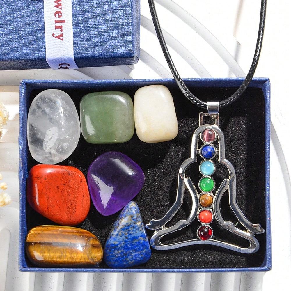Seven Chakra Jade Crystal Meditation Pendant Necklace with Leather Cord