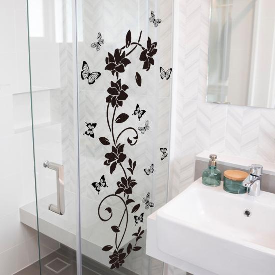 Yousheng Black Flower Butterfly Glass Sticker Waterproof PVC Removable Self-Adhesive Bathroom Wall Door Floral Art Decorative Decal