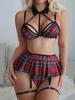 Sexy lingerie plaid passion student uniform seduction bra short skirt thong 3-piece set