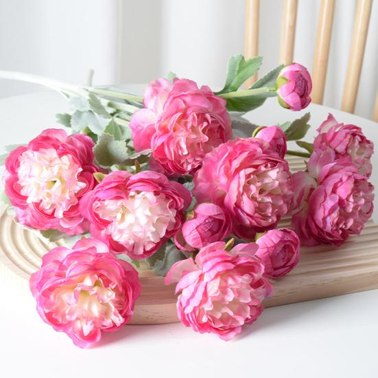 Artificial Ranunculus Flower Faux Silk Ranunculus Bouquet with 2 Heads Full Blooms And 1 Bud for Floral Arrangement Wedding Event Centerpiece