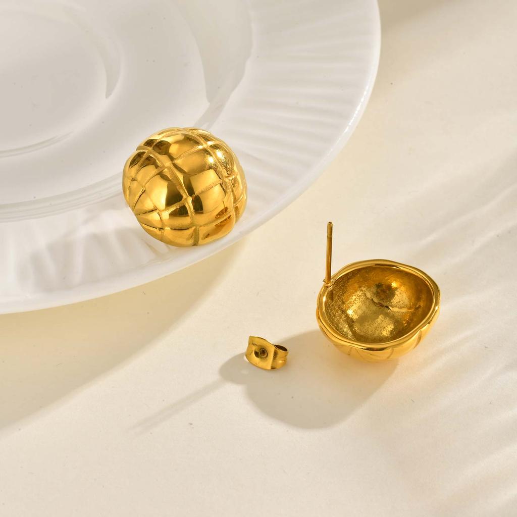 Glossy Hemisphere Braided Stud Earrings,Women's Stainless Steel Ball Earrings Gold Color,Fashion Jewelry Gift