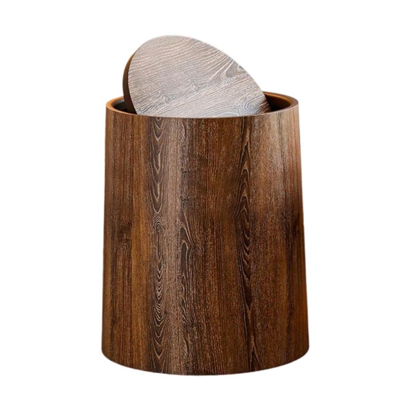 Retro Wood Grains Trash Can Durability Plastic Waste Bin Holders With 360Degree Flips Lid For Kitchen Bathroom Bedroom Dorm