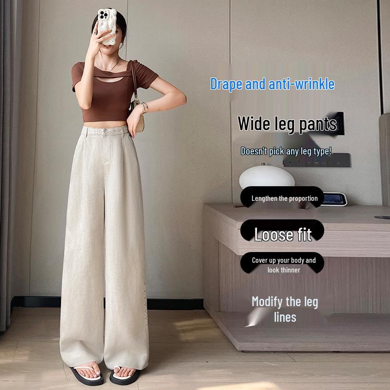 Tencel Linen Wide-Leg High-Waisted Women's Pants - Spring/Summer 2026, Ice Silk, Floor-Length, Casual Straight Fit