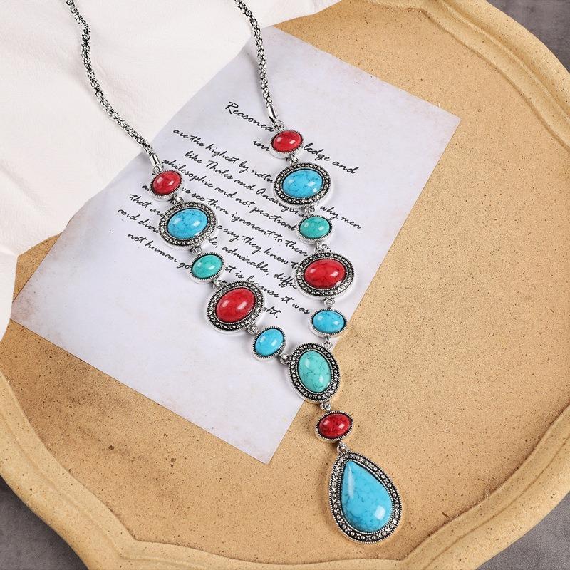 Retro long turquoise necklace women's personality exaggerated temperament sweater chain Tibetan versatile hanging jewelry