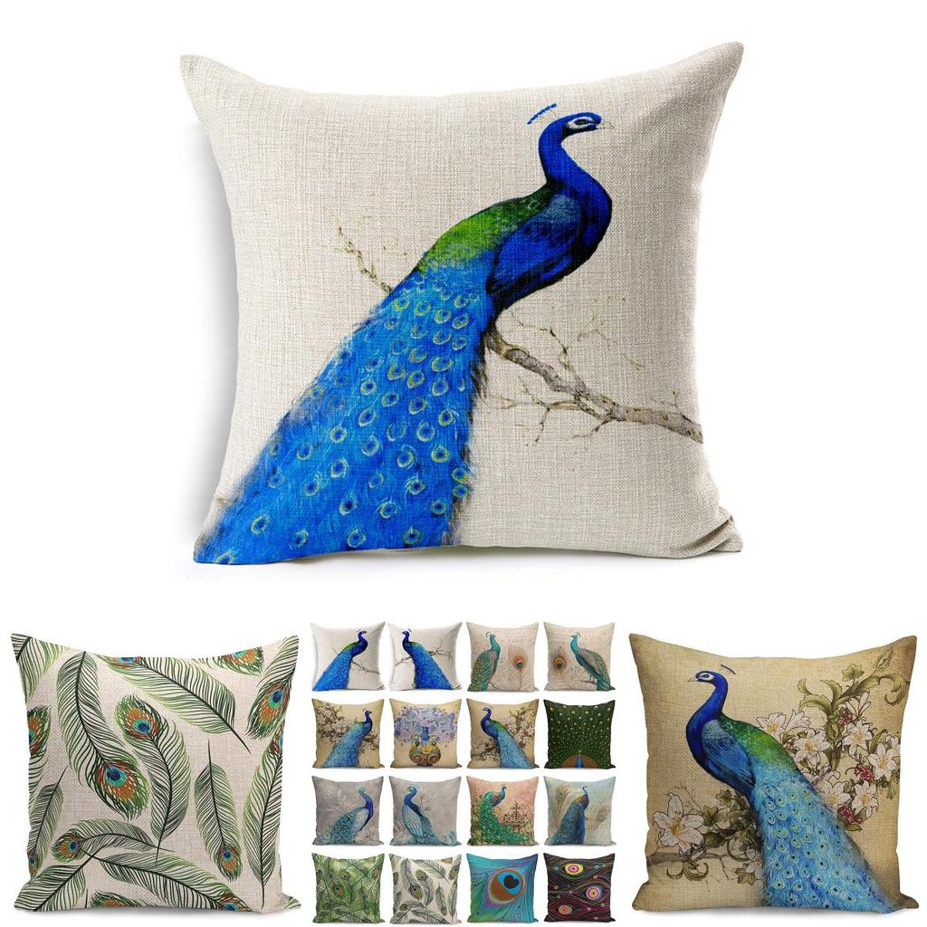 Luxuriöser Kissenbezug aus Baumwolle und Leinen mit Pfauenmuster für elegante Heimdekoration, Sofakissenbezug