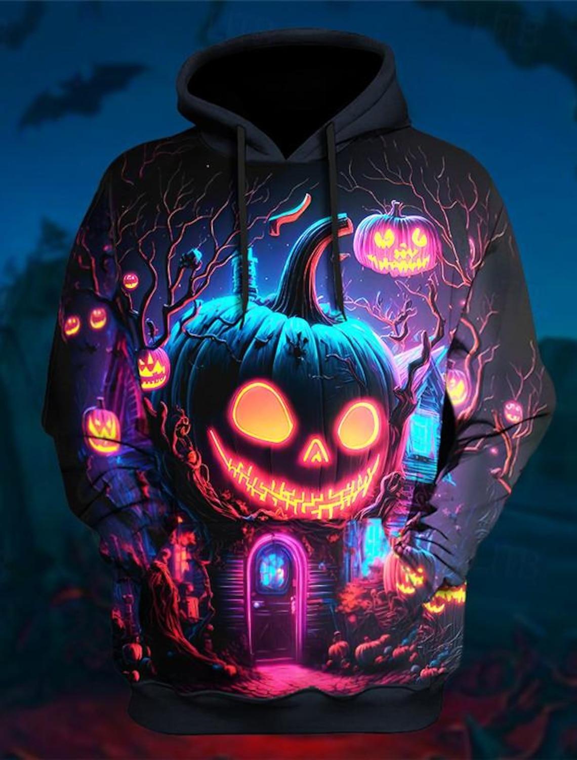 Толстовка с капюшоном в стиле Харадзюку с 3D-принтом и принтом тыквы на Хэллоуин — фото 4