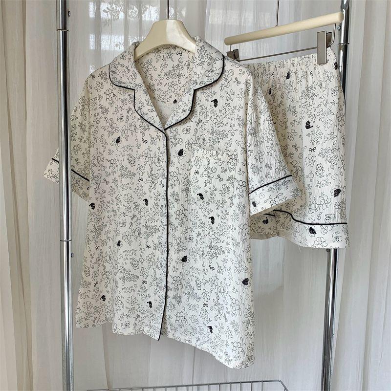 

French full print floral cat cat small fragrant pajamas women s summer black edge short-sleeved shorts set can be worn outside loungewear S