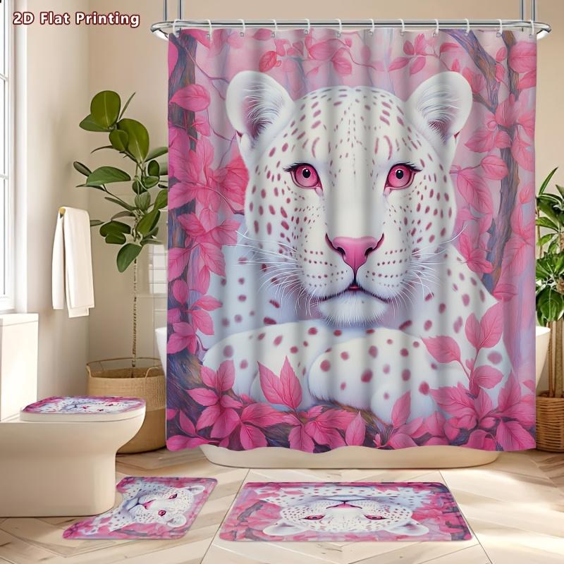 4Pcs White Leopard Shower Curtain Set with Non-Slip Bath Mat, Toilet Lid Cover, Contour Rug & 12 Hooks, Bathroom Decor